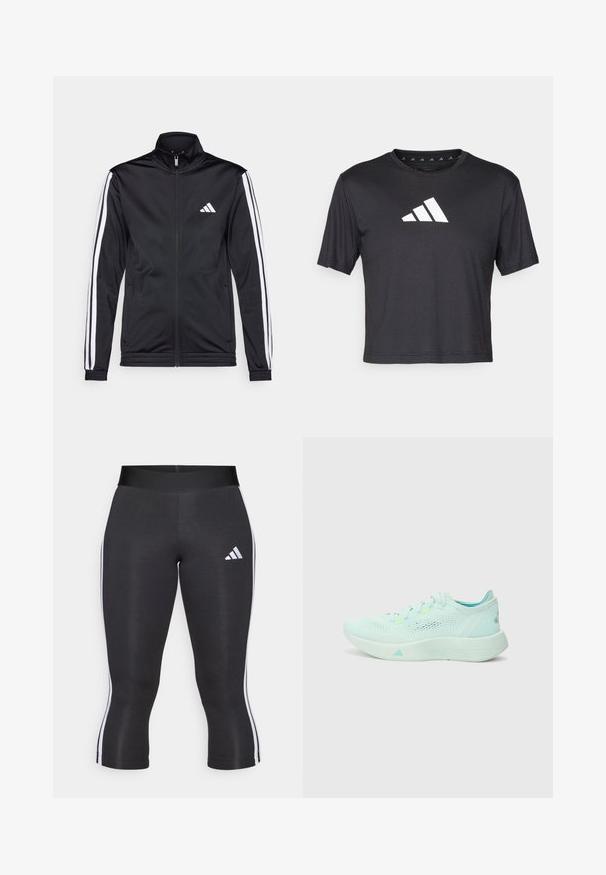 Sort atletisk jakke med høj krave, for-zip og hvide accentstriber langs armene. Har et broderet hvidt logo på brystet.; Sort cropped t-shirt lavet af glat stof, prydet med et hvidt Adidas-logo på brystet, rund halsudskæring og korte ærmer.; Sorte capri leggings med en bred talje, udstyret med hvide sideløsninger og et hvidt Adidas-logo på venstre lår. Glat tekstur.; Lyseblå løbesko med en mesh-overdel, struktureret sål og polstret krave. Har neonlysende detaljer og et strømlinet design.