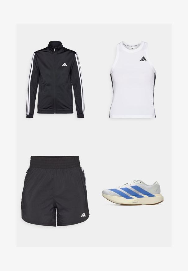 Zwarte sportjack met een hoge kraag, voorrits en witte accentstrepen langs de armen. Bevat een geborduurd wit logo op de borst.; Witte sportieve tanktop met zwarte zijaccenten en logo. Heeft een ronde halslijn en een getailleerd design, gemaakt van lichtgewicht, ademend materiaal.; Zwarte sportieve shorts met een elastische tailleband, zijzakken en witte streepaccenten aan de zijkanten. Gemaakt van lichtgewicht materiaal.; Witte hardloopschoen met drie blauwe strepen, lichtbeige dikke zool met label "Lightstrike Pro," en witte veters op een effen achtergrond.
