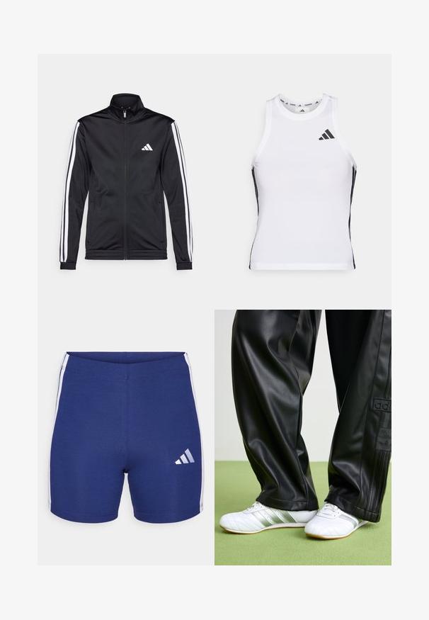 Sort atletisk jakke med høj krave, for-zip og hvide accentstriber langs armene. Har et broderet hvidt logo på brystet.; Hvid athletic tanktop med sorte sideaccentuer og logo. Har en scoop-neckline og tætsiddende design, lavet af letvægts, åndbart materiale.; Mørkeblå sportsshorts lavet af strækbart stof med hvide sidestriber og et reflekterende Adidas-logo på venstre ben.; Sorte faux leather bukser med en løs pasform, der har en glat overflade og sidelister. Sammen med hvide sneakers med sølvdetaljer.