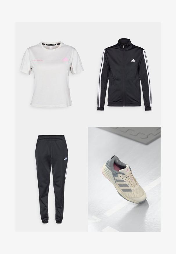 Veste de sport noire avec un col montant, fermeture éclair sur le devant et rayures blanches sur les bras. Elle présente un logo brodé blanc sur la poitrine.; T-shirt gris clair à manches courtes avec un col rond, "ADIDAS RUNNING" imprimé en rose, avec le logo Adidas rose sur la poitrine. Texture de tissu doux.; Pantalons de sport noirs avec une taille élastique, des jambes effilées et des bandes latérales blanches. Présente un petit logo gris en forme de trèfle sur la cuisse gauche.; Baskets de sport beiges avec des accents gris, tige en maille et semelle texturée. Comprend trois bandes grises et des détails intérieurs roses.