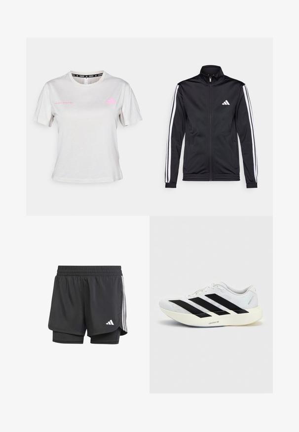 Veste de sport noire avec un col montant, fermeture éclair sur le devant et rayures blanches sur les bras. Elle présente un logo brodé blanc sur la poitrine.; T-shirt gris clair à manches courtes avec un col rond, "ADIDAS RUNNING" imprimé en rose, avec le logo Adidas rose sur la poitrine. Texture de tissu doux.; Shorts de sport noirs avec une couche intérieure, taille élastique, et trois bandes blanches sur les côtés, arborant un petit logo blanc. Texture lisse.; Chaussure de running blanche avec motif trois bandes noires sur le côté et semelle blanche épaisse étiquetée "Lightstrike Pro" sur fond uni.