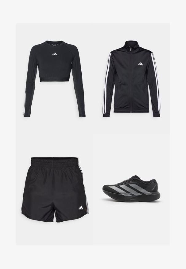 Sort atletisk jakke med høj krave, for-zip og hvide accentstriber langs armene. Har et broderet hvidt logo på brystet.; Sort cropped træningstop med lange ærmer lavet af glat stof. Har et hvidt logo på brystet og stribede detaljer på ærmerne.; Sort atletiske shorts med elastisk talje, sideslids og hvide tre-stribes detaljer. Har et lille hvidt logo nederst til højre.; Sort løbesko med sølvstriber, tyk polstret sål mærket "Lightstrike Pro," set fra siden på hvid baggrund.