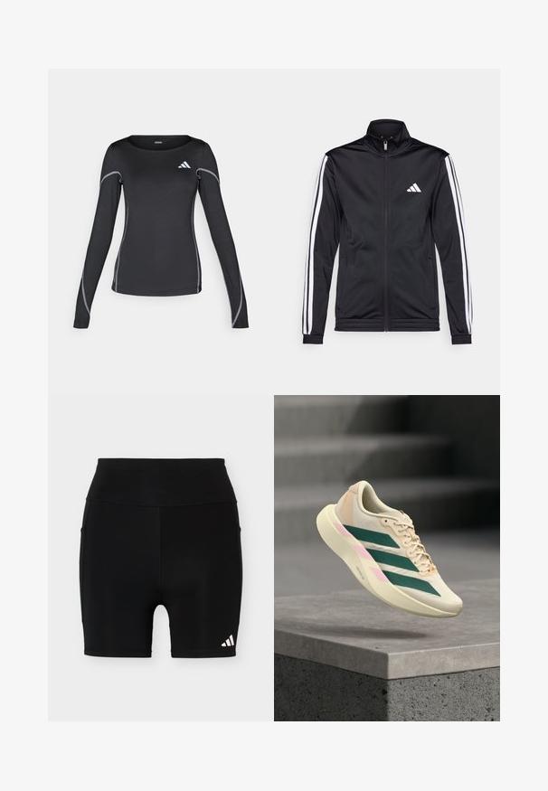 Zwarte sportjack met een hoge kraag, voorrits en witte accentstrepen langs de armen. Bevat een geborduurd wit logo op de borst.; Zwarte lange mouwen sportshirt met een ronde halslijn en reflecterend zilveren stiksel. Bevat een klein wit logo op de bovenste linkerzijde.; Zwarte atletische shorts met hoge taille, met een klein wit Adidas-logo op het onderste linkerbeen en zijzakken tegen een effen achtergrond.; Lichtbeige sportschoen met donkergroene strepen en roze accenten, zwevend boven een betonnen rand in een vage trapomgeving.