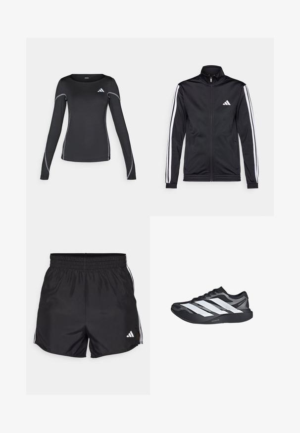 Chaqueta deportiva negra con cuello alto, cremallera frontal y franjas de acento blancas a lo largo de las mangas. Presenta un logo blanco bordado en el pecho.; Camisa deportiva de manga larga negra con cuello redondo y costuras reflectantes en plata. Presenta un pequeño logo blanco en la parte superior izquierda.; Pantalones cortos deportivos negros con cintura elástica, aberturas laterales y acentos en blanco con tres franjas. Presenta un pequeño logo blanco en la parte inferior derecha.; Zapatilla de correr negra y gris con tres grandes rayas blancas en el lateral y suela gruesa negra etiquetada como "Lightstrike Pro".