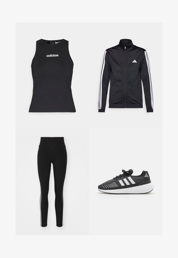 Zwarte sportjack met een hoge kraag, voorrits en witte accentstrepen langs de armen. Bevat een geborduurd wit logo op de borst.; Zwart mouwloos topje van katoen, met een ronde halslijn en wit "adidas" logo gecentreerd op de borst. Gladde textuur, reguliere pasvorm.; Zwarte sportlegging met hoge taille, voorzien van witte zijstrepen, een soepele structuur en een strakke pasvorm, geschikt voor activewear.; Zwarte sport schoenen met een gestructureerde bovenkant, witte drie-strepen ontwerp, rubberen zool en contrasterende witte accenten op de hiel.