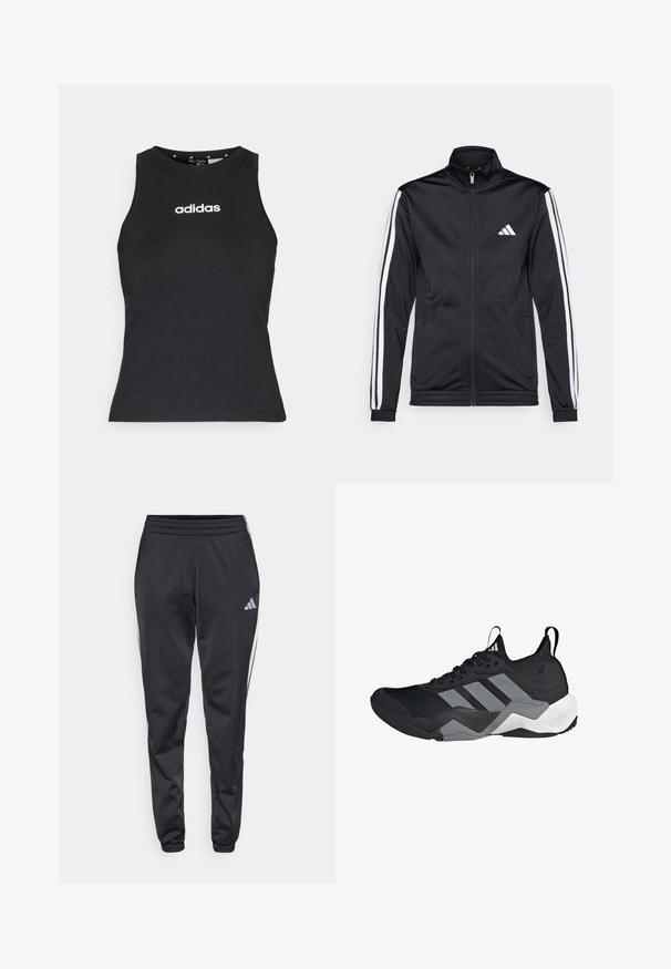 Veste de sport noire avec un col montant, fermeture éclair sur le devant et rayures blanches sur les bras. Elle présente un logo brodé blanc sur la poitrine.; Haut sans manches noir en coton, avec un col rond et le logo "adidas" blanc centré sur la poitrine. Texture lisse, coupe normale.; Pantalons de sport noirs avec une taille élastique, des jambes effilées et des bandes latérales blanches. Présente un petit logo gris en forme de trèfle sur la cuisse gauche.; Chaussure de sport noire avec une tige en maille respirante, des accents gris, une semelle texturée et trois rayures distinctives sur le côté.