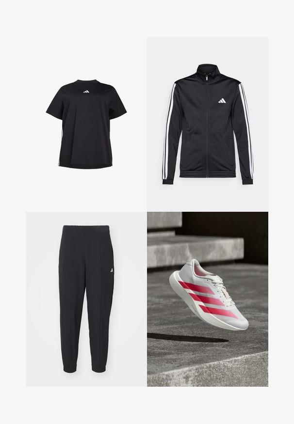 Schwarze Sportjacke mit hohem Kragen, Frontreißverschluss und weißen Akzentstreifen an den Armen. Besitzt ein gesticktes weißes Logo auf der Brust.; Schwarzes T-Shirt mit kurzen Ärmeln aus weichem Stoff, ausgestattet mit einem weißen horizontalen Akzent an den Seiten und einem weißen Logo auf der Brust.; Schwarze Sporthosen aus einem glatten Stoff. Tapered-Design mit elastischen Bündchen. Mit kleinem weißen Logo an der linken Hüfte.; Weißer Laufschuh mit drei markanten roten Streifen, schwebt in der Luft über Betontreppen und zeigt das leichte Design und die strukturierte Sohle.