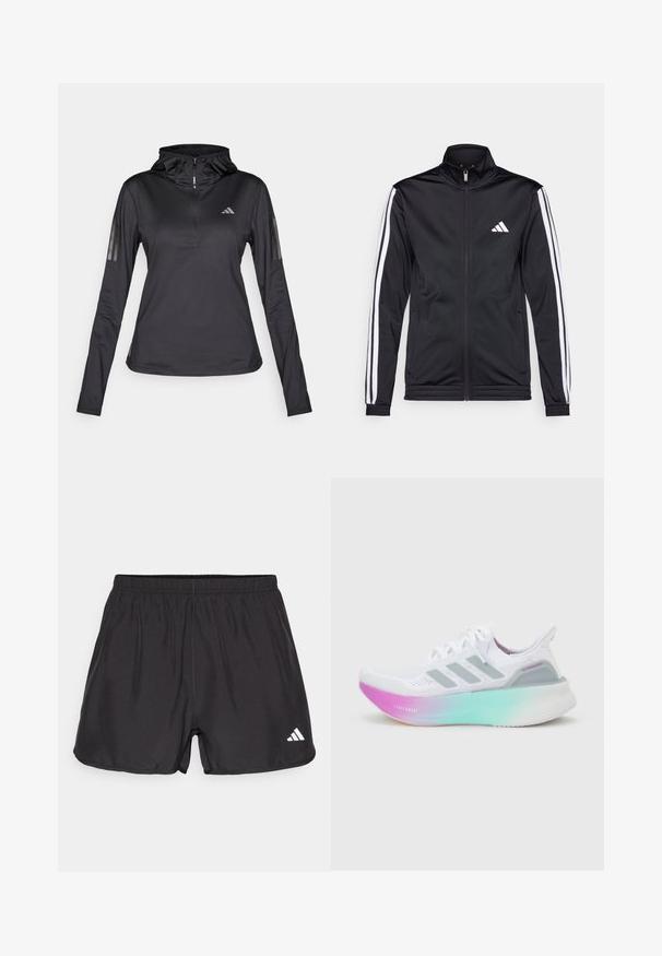 Chaqueta deportiva negra con cuello alto, cremallera frontal y franjas de acento blancas a lo largo de las mangas. Presenta un logo blanco bordado en el pecho.; Sudadera atlética negra de manga larga con Media cremallera, tejido texturizado, capucha ajustable y franjas reflectantes en las mangas. Presenta un logotipo en el pecho.; Pantalones cortos deportivos negros hechos de un tejido ligero. Cuenta con una cinturilla elástica y un logo blanco en la esquina inferior izquierda. Textura suave.; Zapatilla de running blanca de Adidas con suela degradada en azul claro y rosa, tres franjas laterales grises y parte superior de tejido de punto con cordones.