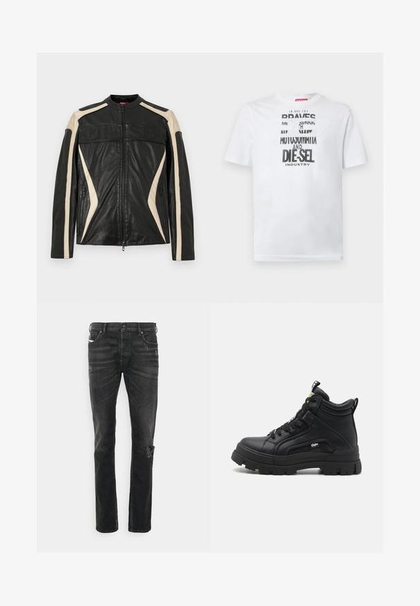 Zwarte leren jas met crèmekleurige accenten, ritssluiting, hoge kraag en een geperst "DIESEL"-logo over de borst. Getextureerde afwerking en slanke pasvorm.; Wit katoenen T-shirt met gedurfde zwarte typografie met de woorden "BRAVES" en "DIE-SEL INDUSTRY" en een semi-transparant uitgesneden ontwerp.; Zwarte denim jeans met een rechte pasvorm, voorzien van slijtage op de knie, een vijf-pocket ontwerp en subtiele vervaging in de stofstructuur.; Zwarte hoge schoenen van gestructureerd leer, met een dikke rubberen zool, vetersluiting aan de voorkant en een klein logo detail aan de zijkant.