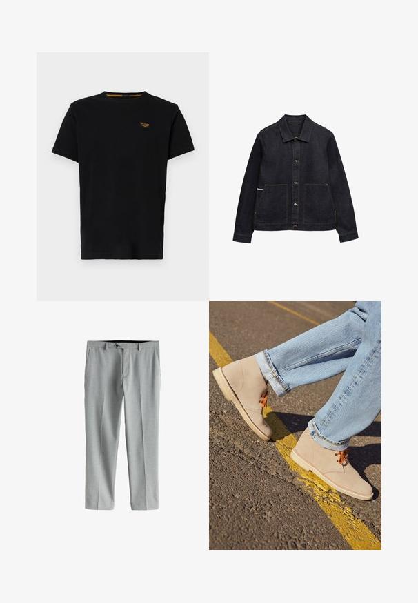 Veste en jean noire avec boutonnière sur le devant, deux grandes poches avant, manches longues et col pointu classique.; T-shirt en coton noir à manches courtes, col rond, avec une petite étiquette de marque jaune contrastante sur la zone du côté gauche de la poitrine.; Pantalon gris clair ajusté avec devant plat, plis simples et poches latérales. Confectionné en tissu texturé, avec une fermeture à bouton et des passants de ceinture.; Bottines en daim beige avec des lacets orange, bout rond et semelle en caoutchouc légère, associées à un jean en denim bleu clair retroussé.