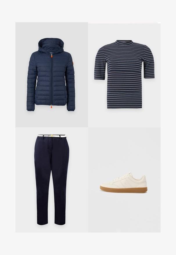 Marineblå puffy jakke med hætte, quiltet design, frontlynlås, sidelommer og orange accent på lynlåsens træk og ærmelogo.; Mørkeblå kortærmet t-shirt med vandrette hvide striber, med en høj krave og en glat, tætsiddende tekstur.; Marineblå chinos med en slim fit, bomuldsstof og et hvidt bælte med en guldtonet spænde. Glat tekstur, lige ben, minimalistisk design.; Hvide sneakers med en glat læderoverdel, rund tå og beige gummisål. Har diskrete sidelister og logodetaljer på siden.