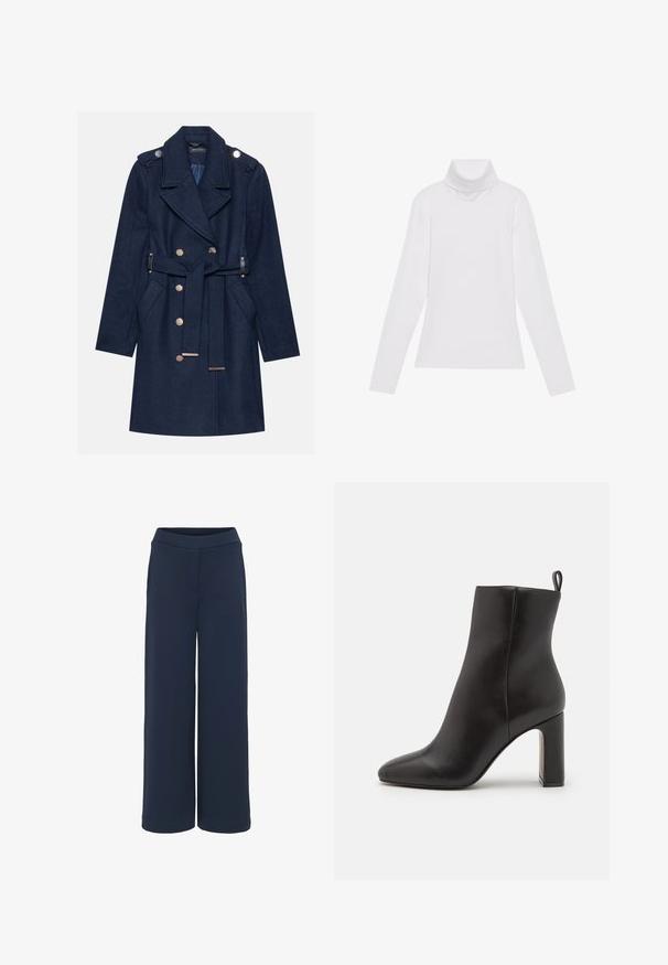Marineblauwe wollen jas met een dubbelzijdige voorkant, grote revers, gouden knopen en een tailleband. Heeft zijzakken en een gestructureerde afwerking.; Witte lange mouw turtleneck top gemaakt van glad, elastisch materiaal. Voorzien van een hoge kraag en een getailleerd ontwerp, zonder zichtbare patronen of versieringen.; Navy wijde broek gemaakt van zachte stof, met een naadloze tailleband en zijzakken, met een schone en eenvoudige uitstraling.; Zwarte leren enkelboot met een spitse neus, een cilindrische hoge hak en een lus aan de achterkant voor gemakkelijk aan- en uittrekken. Gladde textuur.