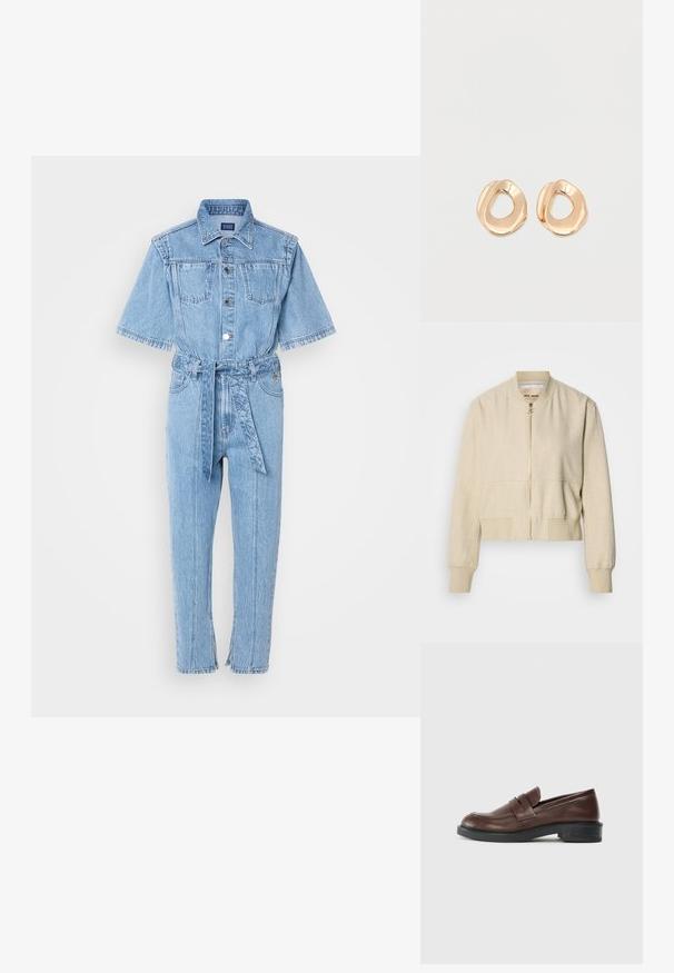 Beež õhemast kangast lühike bomberjakk, millel ees tõmblukk, soonikkoes mansetid ja sile pind.; Scotch & Soda WORKWEAR - Lühikeste varrukatega bodi - lakehouse; Pruunid nahast loafersid ümarate varvastega, dekoratiivse rihmaga peal, madala ja tekstuurse musta kummist kontsaga.; Paari ebatavalise kujuga, poleeritud kuldse tooniga metallist rõngakujulisi kõrvarõngaid avatud keskel, tavalise valge taustaga.