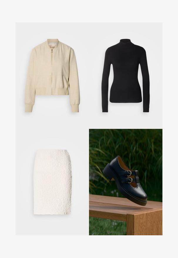 Veste bomber courte beige en tissu léger, avec fermeture éclair frontale, poignets côtelés et texture lisse.; Pull à col roulé noir en maille légère. Il possède des manches longues, une coupe ajustée et une texture côtelée douce.; Jupe crayon blanche texturée avec une surface légèrement duveteuse, longueur genoux, présentant un design ajusté et sans fermetures ni embellissements visibles.; Chaussure noire en cuir à double boucle avec des détails perforés flottant au-dessus d'un banc en bois à l'extérieur avec de l'herbe verte et des plantes en arrière-plan.