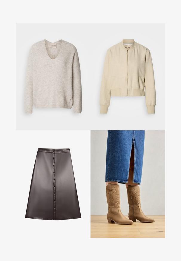 Cazadora bomber beige recortada hecha de tela ligera, con cremallera frontal, puños acanalados y textura suave.; Suéter beige claro con cuello en V, mangas largas y una tela ligeramente texturada. Presenta un pequeño logo en el costado.; Falda A-line de imitación cuero marrón con una textura suave, que cuenta con un cierre de botones en la parte frontal y un dobladillo que cae por encima de la rodilla.; Botas western de color marrón con costuras decorativas, punta afilada y tacón apilado. Llevadas con una falda de mezclilla hasta la rodilla, que revela las botas.