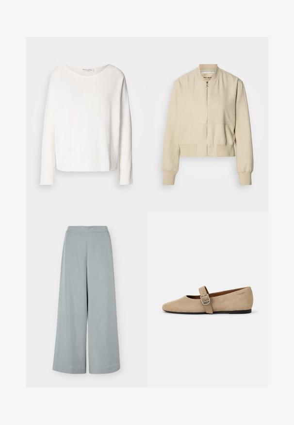 Cazadora bomber beige recortada hecha de tela ligera, con cremallera frontal, puños acanalados y textura suave.; Blusa de manga larga y cuello redondo en suave y ligera tela blanca con un corte holgado. Presenta un dobladillo limpio y sin herrajes visibles.; Pantalones de pierna ancha en azul claro con cintura alta y líneas limpias, mostrados extendidos sobre un fondo blanco.; Bailarinas de ante beige estilo Mary Jane con punta afilada y una sola correa ajustable con hebilla de plata. Suela plana negra.