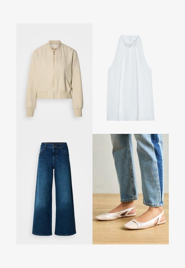 Beige cropped bomberjack gemaakt van lichtgewicht stof, met een ritssluiting aan de voorkant, geribbelde manchetten en een gladde textuur.; Witte mouwloze top met een hoge hals, gemaakt van zachte stof, met geplooide details bij de halslijn en een verborgen ritssluiting aan de achterkant.; Wijde jeans van donkerblauwe denim. Heeft een hoge taille, knoopsluiting en klassiek vijf-vakken ontwerp met subtiele vervaging.; Zachtroze slingback ballerina's met een spitse neus, gemaakt van een glad leerachtig materiaal. Bevat uitsnijdingen aan de zijkanten en heeft een platte hak.