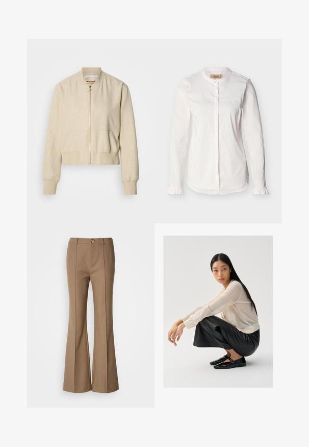Veste bomber courte beige en tissu léger, avec fermeture éclair frontale, poignets côtelés et texture lisse.; Blouse blanche à manches longues avec col mao, patte de boutonnage dissimulée, fines rayures verticales et poignets à volants, présentée sur un fond uni.; Pantalons évasés marron avec une texture lisse, dotés d'une fermeture à bouton sur le devant et de coutures verticales pour une meilleure structure.; Pull léger beige clair en maille transparente avec des manches bouffantes, associé à un pantalon large en cuir noir et des chaussures noires brillantes avec un détail de sangle.