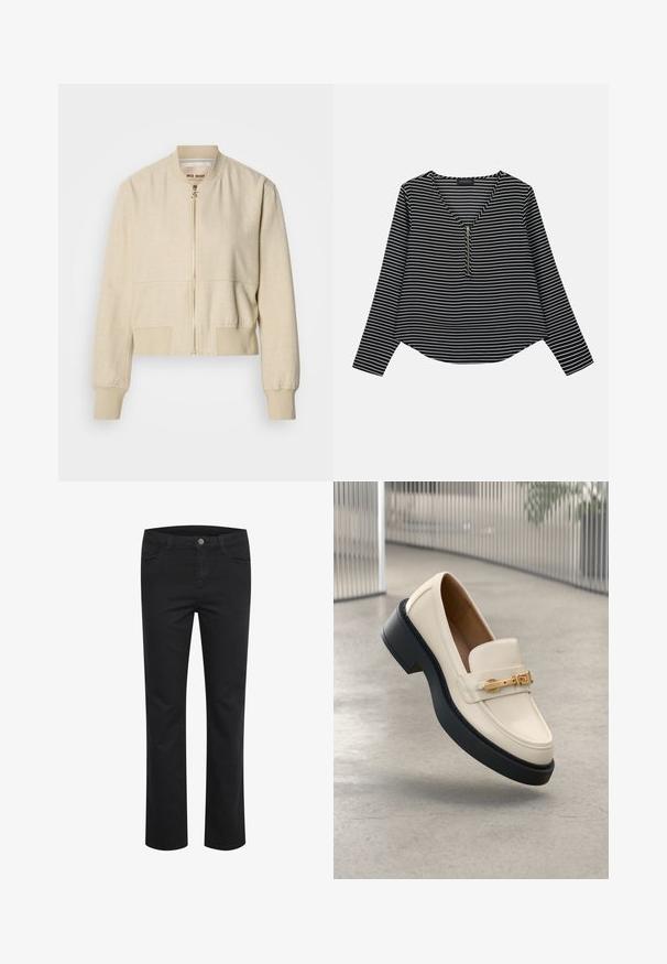 Beige cropped bomberjack gemaakt van lichtgewicht stof, met een ritssluiting aan de voorkant, geribbelde manchetten en een gladde textuur.; Zwart-witte gestreepte longsleeve top met een v-hals en een rits in het midden. De stof lijkt glad, met een ontspannen, iets cropped pasvorm.; Zwarte denim broek met een rechte pasvorm, voorzien van twee voorkruiszakken en een enkele metalen knop aan de tailleband. Gladde textuur.; Roomkleurige loafer met zwarte zool en gouden gespdetail, schuin omhoog geplaatst op een lichtgrijze betonnen vloer.
