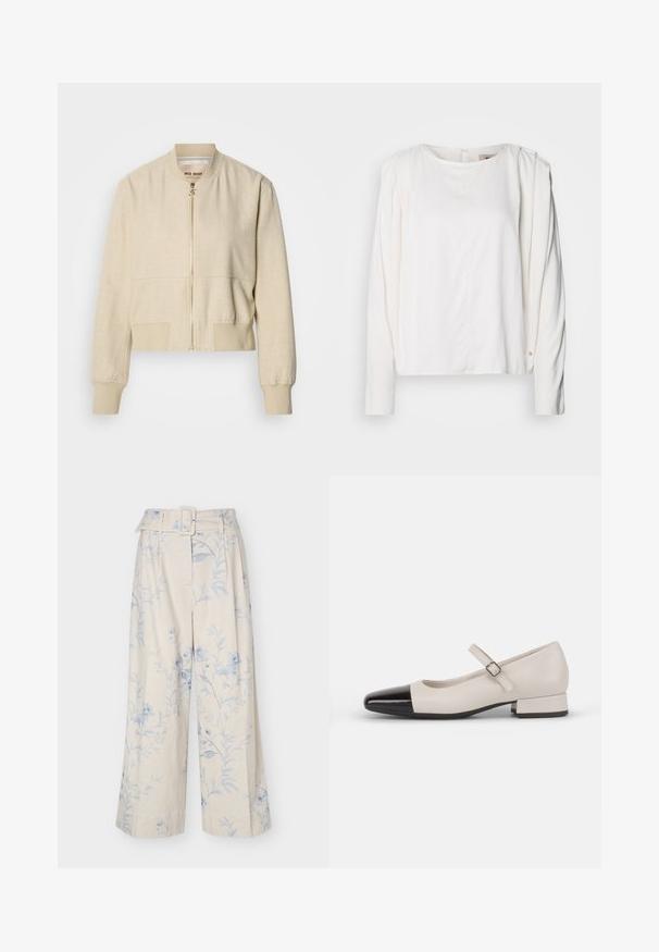 Veste bomber courte beige en tissu léger, avec fermeture éclair frontale, poignets côtelés et texture lisse.; Chemisier blanc à manches longues avec un col arrondi, en tissu doux, doté de plis subtils sur les épaules et d'un petit accent doré près du poignet.; Pantalon crème à jambes larges avec imprimé floral bleu clair et ceinture en tissu assortie avec boucle rectangulaire.; Chaussure de style Mary Jane en cuir crème avec un bout en vernis noir. Présente un bout rond, une sangle de cheville avec une boucle carrée et un petit talon carré.