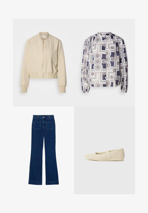 Beige cropped bomberjack gemaakt van lichtgewicht stof, met een ritssluiting aan de voorkant, geribbelde manchetten en een gladde textuur.; Patronenblouse met een ronde halslijn, lange pofmouwen, knoopsluiting, met geometrische ontwerpen in marineblauw, wit en groen.; Donkerblauwe denim flared jeans met een gladde textuur, vijf zakken en een knoopsluiting aan de taille.; Beige ballerina's met een gladde leren buitenkant, amandelvormige punt en elastische band over de wreef, met subtiele stiksels.