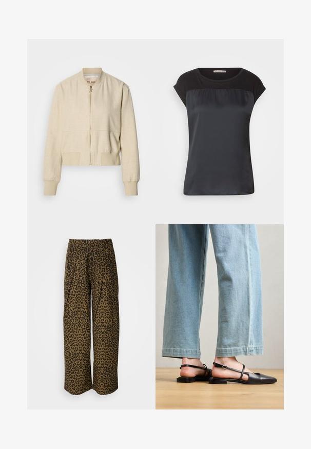 Beige cropped bomberjakke lavet af letvægtsstof, med en frontlynlås, ribstrikkede ærmegab og en glat tekstur.; Sort kortærmet top med en satinlignende frontpanel og kontrasterende mat stof på skuldrene. Glat tekstur med en afslappet pasform.; Bredde bukser i et brun- og sort leopardprint. Har en høj talje og plisseret design. Blødt stof med en glat tekstur.; Sorte læder slingback-sko med spidse tæer, flad hæl og ankelrem; båret med lyseblå viddebenede jeans.