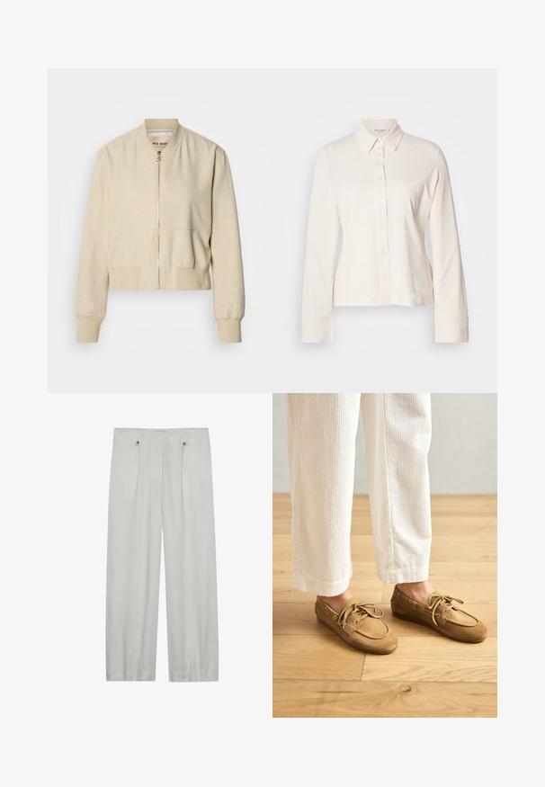 Beige cropped bomberjakke lavet af letvægtsstof, med en frontlynlås, ribstrikkede ærmegab og en glat tekstur.; Lys beige langærmet skjorte med knaplukning fortil, krave og en enkelt brystlomme. Fremstillet af blødt stof med detaljer ved ærmerne.; Lys grå, vid benbukser lavet af et blødt stof. Har to frontfolder, to knaplukninger og en glat tekstur.; Brune ruskinds bådsko med snørebånd, der har en rund tå og syede detaljer. Båret med hvide kordfløjl-bukser i en træagtig indstilling.
