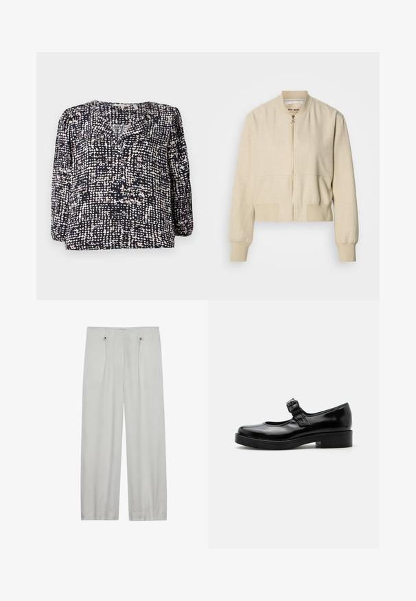 Veste bomber courte beige en tissu léger, avec fermeture éclair frontale, poignets côtelés et texture lisse.; Blouse marine avec un motif texturé à pois en crème et beige, dotée d'un col en V et de longues manches bouffantes. Fabriquée en tissu léger.; Pantalons taille haute en gris clair, à jambes larges, fabriqués en tissu doux. Comprend deux plis avant, deux boutons de fermeture et une texture lisse.; Chaussure Mary Jane en cuir verni noir avec bout rond, petit talon bloc et bride réglable avec boucle sur le coup de pied.