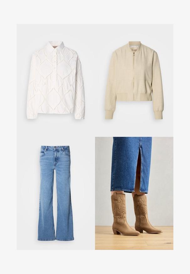 Cazadora bomber beige recortada hecha de tela ligera, con cremallera frontal, puños acanalados y textura suave.; Blusa blanca de manga larga con cuello, que presenta un bordado texturizado en forma de diamante y una tapeta con botones. Tejido suave y ligero.; Vaqueros de pierna ancha azul claro hechos de mezclilla. Presentan un diseño clásico de cinco bolsillos y una bragueta con botones visibles. Textura suave y acabado sin adornos.; Botas western de color marrón con costuras decorativas, punta afilada y tacón apilado. Llevadas con una falda de mezclilla hasta la rodilla, que revela las botas.