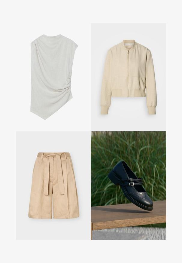 Beige cropped bomberjack gemaakt van lichtgewicht stof, met een ritssluiting aan de voorkant, geribbelde manchetten en een gladde textuur.; Lichte beige top met een ronde halslijn, asymmetrische zoom en geplooide details aan één kant. Gemaakt van een zachte, gestructureerde stof.; Beige shorts met hoge taille, riemlussen, een stoffen strikriem en brede pijpen, weergegeven tegen een effen achtergrond.; Zwarte leren Mary Jane-schoen met dubbele gespsluitingen en brogue-details, zwevend boven een houten bankje met groene grasachtergrond.