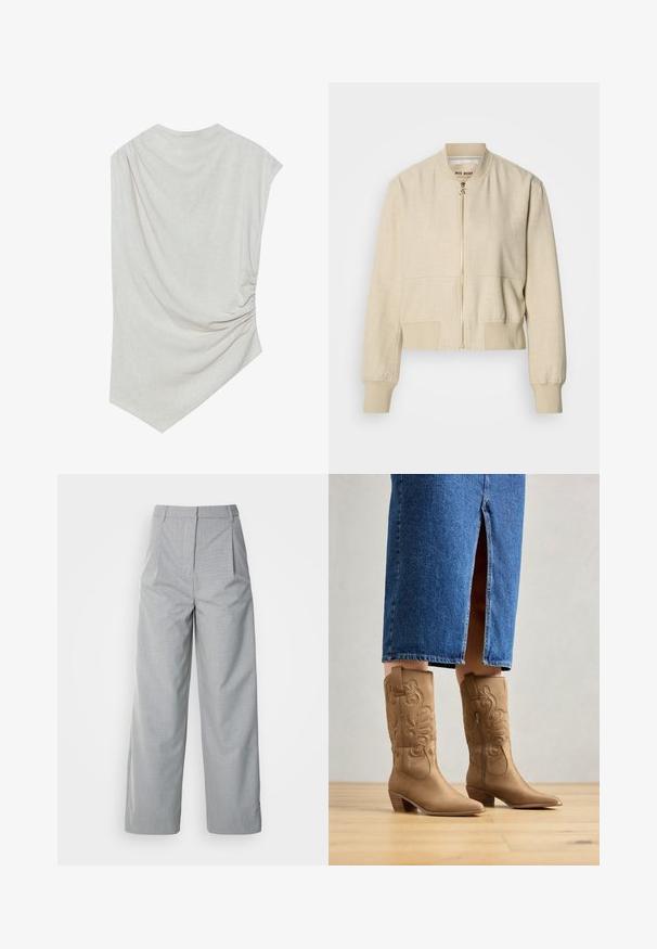 Beige cropped bomberjack gemaakt van lichtgewicht stof, met een ritssluiting aan de voorkant, geribbelde manchetten en een gladde textuur.; Lichte beige top met een ronde halslijn, asymmetrische zoom en geplooide details aan één kant. Gemaakt van een zachte, gestructureerde stof.; Grijze wijde broek van gestructureerde stof, met een hoge taille, plooien aan de voorkant en een rechte pasvorm naar de zoom.; Tan leren westernlaarzen met decoratieve stiksels, een spitse neus en een gestapelde hak. Draag met een spijkerrok tot de knie, waardoor de laarzen zichtbaar zijn.