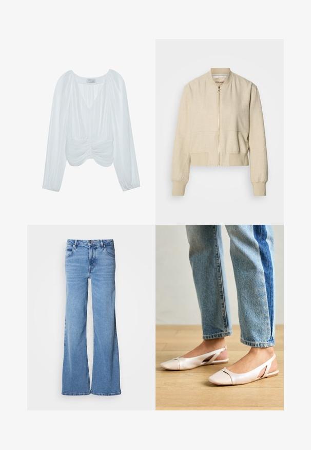 Beige cropped bomberjack gemaakt van lichtgewicht stof, met een ritssluiting aan de voorkant, geribbelde manchetten en een gladde textuur.; Witte blouse met lange mouwen, V-hals, geplooide textuur, plooien in de taille en elastische manchetten. Merkenlabel zichtbaar aan de binnenkant.; Lichtblauwe jeans met wijde pijpen, gemaakt van denim. Voorzien van een klassiek ontwerp met vijf zakken en een zichtbare knoopsluiting. Zachte textuur en een eenvoudige afwerking.; Zachtroze slingback ballerina's met een spitse neus, gemaakt van een glad leerachtig materiaal. Bevat uitsnijdingen aan de zijkanten en heeft een platte hak.