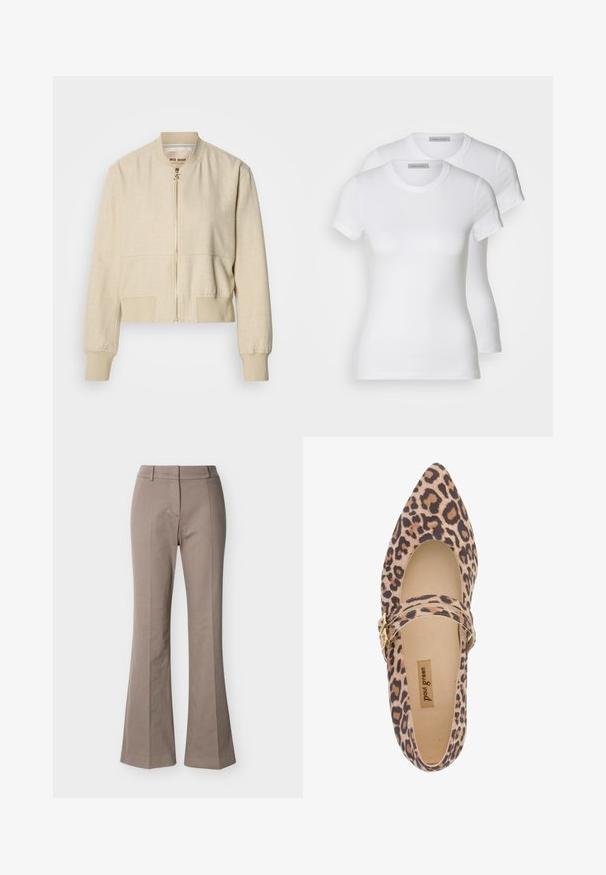 Beige cropped bomberjakke lavet af letvægtsstof, med en frontlynlås, ribstrikkede ærmegab og en glat tekstur.; To hvide bomulds t-shirts med korte ærmer, rund halsudskæring og en tætsiddende silhuet, der viser en glat tekstur og et minimalistisk design.; Beige højtaljede bukser med vide ben, syninger foran, bæltestropper og skjult lukning foran, vist på en hvid baggrund.; Leopard-print Mary Jane sko med spids tå, blødt stof overdel og en rem forsynet med en guldbuckle. Kig til cremeforing og sål.