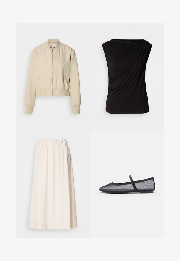Veste bomber courte beige en tissu léger, avec fermeture éclair frontale, poignets côtelés et texture lisse.; Débardeur noir sans manches caractérisé par un tissu drapé à l'avant, une texture douce et une coupe décontractée. Fabriqué en matériau extensible avec une finition lisse.; Jupe longue de couleur crème avec un taille élastique. Fabriquée en tissu texturé, elle a une silhouette ample et tombe doucement.; Ballerines en maille noire avec un bout pointu, dotées d'une fine bride sur le cou-de-pied et d'une semelle en caoutchouc plate. Design léger et respirant.