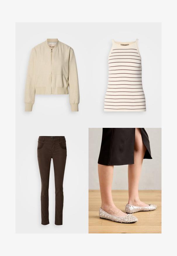 Beige verkürzte Bomberjacke aus leichtem Stoff, mit einem Frontreißverschluss, gerippten Bündchen und einer glatten Textur.; Rippiges Tanktop in Creme mit horizontalen braunen Streifen. Verfügt über breite Träger und eine figurnahe Silhouette. Etikett am Hals sichtbar.; Braune, schlank geschnittene Stoffhosen aus Baumwollmischgewebe. Verfügt über eine dekorative Steppnaht an den Fronttaschen, einen Knopfverschluss und eine glatte Textur.; Beige Glitzer-Ballerinas mit runder Zehenform und Schleifenakzent, kombiniert mit einem schwarzen Rock, auf einem Holzboden präsentiert.