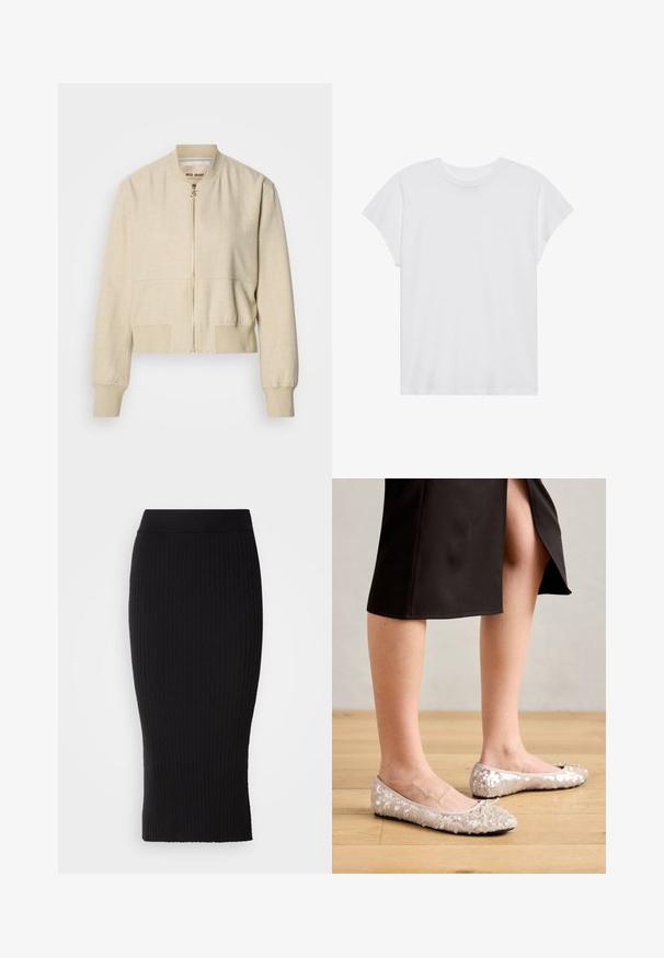 Beige cropped bomberjakke lavet af letvægtsstof, med en frontlynlås, ribstrikkede ærmegab og en glat tekstur.; Hvid kortærmet t-shirt med rund hals, afslappet pasform, lavet af blødt bomuldsstof. Glat tekstur, ingen mønstre eller logoer.; Sort ribstrikket blyantskirt med elastisk taljebånd, der har en kropsnær silhuet og lodrette ribdetaljer over det hele.; Beige stæl ballet flats med en rund tå, der har en bueaccent, parret med en sort nederdel, vist på et trægulv.