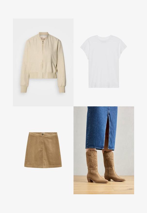 Beige cropped bomberjakke lavet af letvægtsstof, med en frontlynlås, ribstrikkede ærmegab og en glat tekstur.; Hvid kortærmet t-shirt med rund hals, afslappet pasform, lavet af blødt bomuldsstof. Glat tekstur, ingen mønstre eller logoer.; Brun fløjl mini nederdel med knaplukning, der har en vertikal ribbet tekstur og et enkelt design. Kanten er lige og velafgrænset.; Tan western-stil støvler med dekorativ syning, spids tå og stakket hæl. Båret med en denimnederdel i knæ længde, der afslører støvlerne.