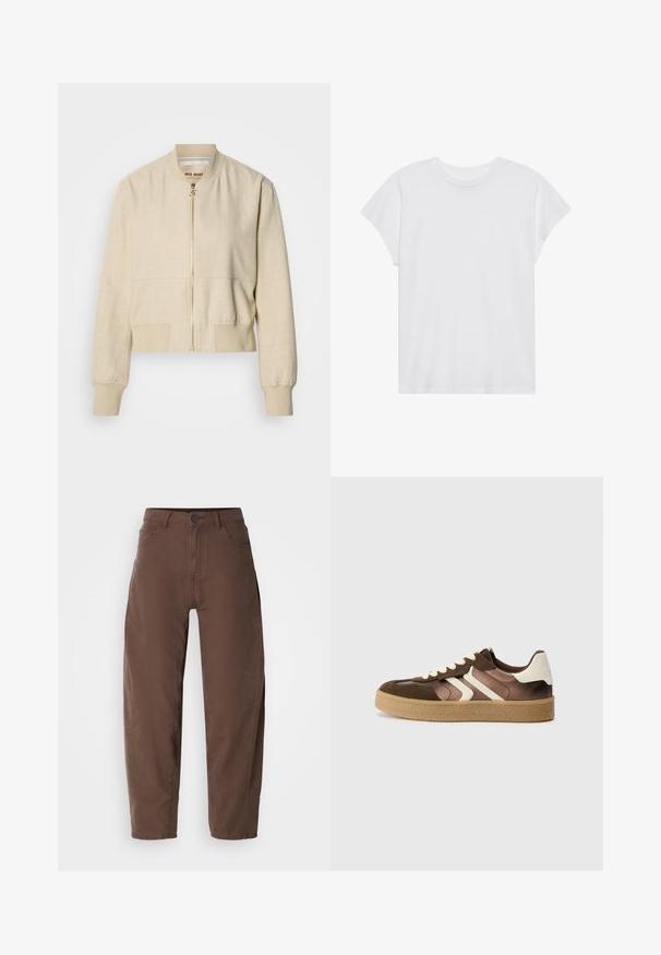 Cazadora bomber beige recortada hecha de tela ligera, con cremallera frontal, puños acanalados y textura suave.; Camiseta blanca de manga corta con cuello redondo, corte relajado, hecha de suave tela de algodón. Textura lisa, sin estampados ni logotipos.; Pantalones marrones de pierna recta con botón y cremallera en el frente, bolsillos laterales y pasadores para cinturón, mostrados sobre un fondo blanco.; Zapatillas marrones y crema con una combinación de materiales de ante y satén, que presentan tres rayas diagonales y una suela de goma texturizada.