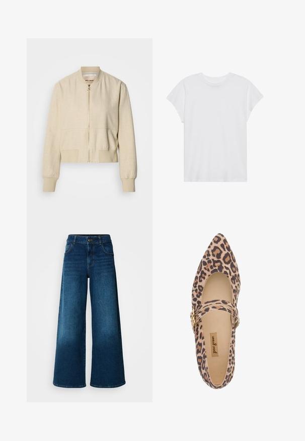 Beige cropped bomberjakke lavet af letvægtsstof, med en frontlynlås, ribstrikkede ærmegab og en glat tekstur.; Hvid kortærmet t-shirt med rund hals, afslappet pasform, lavet af blødt bomuldsstof. Glat tekstur, ingen mønstre eller logoer.; Viddejeans lavet af mørkeblå denim. Har høj talje, knaplukning og klassisk fem-lomme design med subtile falme.; Leopard-print Mary Jane sko med spids tå, blødt stof overdel og en rem forsynet med en guldbuckle. Kig til cremeforing og sål.