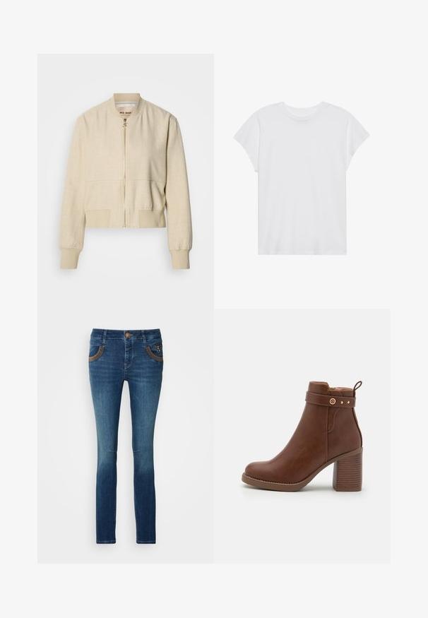 Veste bomber courte beige en tissu léger, avec fermeture éclair frontale, poignets côtelés et texture lisse.; T-shirt blanc à manches courtes, col rond, coupe décontractée, en tissu de coton doux. Texture lisse, sans motifs ni logos.; Jean en denim bleu foncé avec une coupe slim. Dispose de deux poches avant avec des accents marron et une fermeture à bouton. Finition légèrement délavée sur les jambes.; Bottine en simili cuir marron avec un bout rond, un talon large et strié, et une sangle décorative avec un accent doré et une boucle.