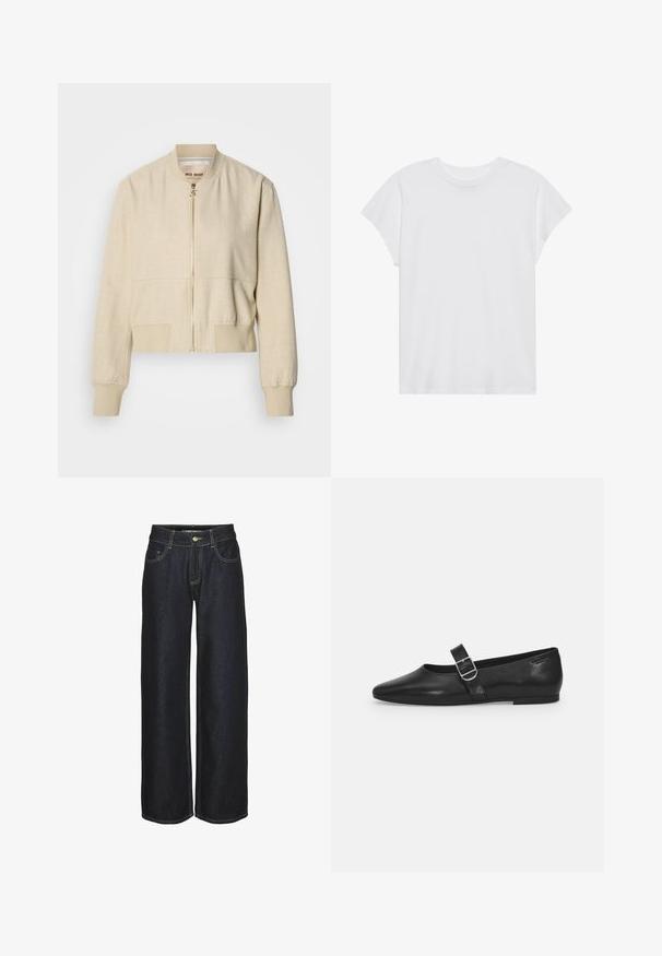 Beige cropped bomberjack gemaakt van lichtgewicht stof, met een ritssluiting aan de voorkant, geribbelde manchetten en een gladde textuur.; Witte t-shirt met korte mouwen, ronde hals, relaxte pasvorm, gemaakt van zacht katoen. Glad textuur, geen patronen of logo's.; Donkerblauwe rechte jeans met voorzakken, riemlussen en gele contrasterende stiksels, weergegeven op een witte achtergrond.; Zwarte leren platte schoen met een ronde neus, een enkele verstelbare gespsluiting en een gladde, glanzende textuur. Minimalistisch ontwerp met een lage hak.