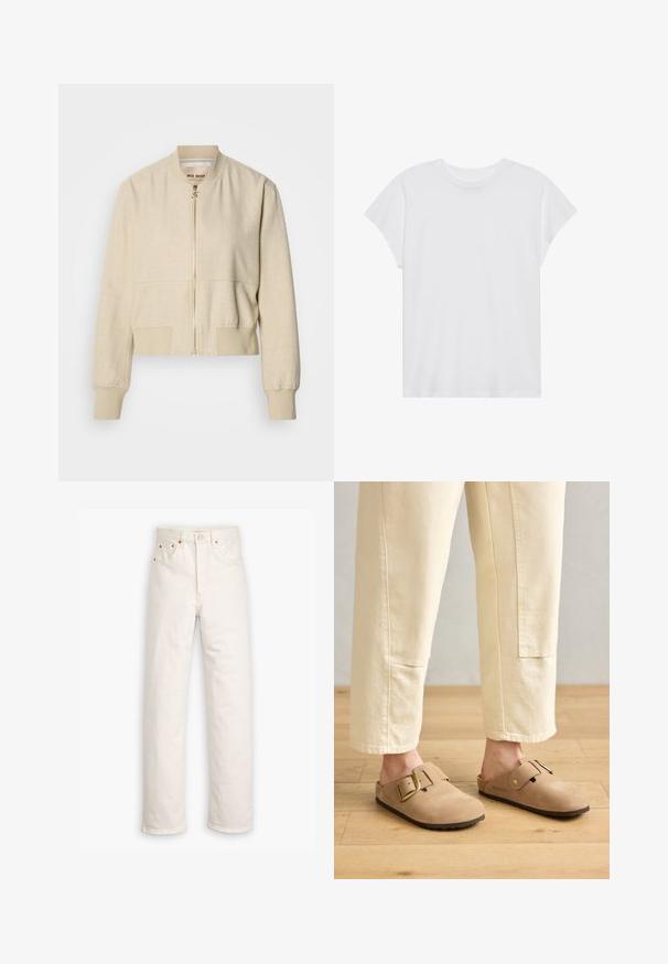 Cazadora bomber beige recortada hecha de tela ligera, con cremallera frontal, puños acanalados y textura suave.; Camiseta blanca de manga corta con cuello redondo, corte relajado, hecha de suave tela de algodón. Textura lisa, sin estampados ni logotipos.; Jeans de mezclilla blanca con un diseño de pierna recta, estilo de cinco bolsillos y detalles de hardware en color cobre. Acabado sin dobladillo en los tobillos.; Zuecos de gamuza en tono marrón claro con una correa ancha y hebilla dorada, superficie texturizada y suela de goma marrón; combinados con pantalones sueltos de corte tapered en color marfil.