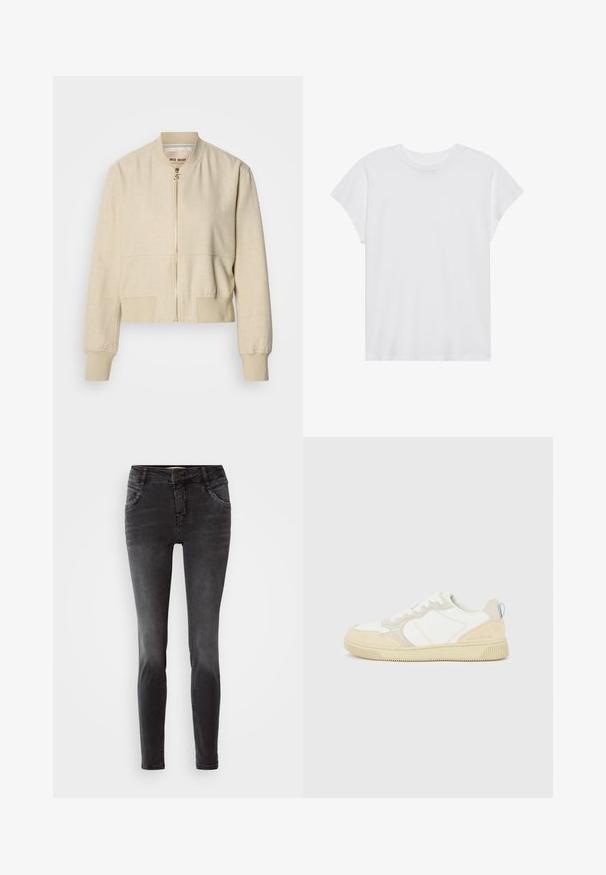 Beige verkürzte Bomberjacke aus leichtem Stoff, mit einem Frontreißverschluss, gerippten Bündchen und einer glatten Textur.; Weißes kurzärmliges T-Shirt mit Rundhalsausschnitt, lockerer Passform, aus weichem Baumwollstoff. Glatte Textur, keine Muster oder Logos.; Schwarze Slim-Fit-Jeans aus Denim, mit einem frontalen Knopfverschluss, Nietenverzierungen an den Taschen und einer glatten Textur.; Weißer und beiger Sneaker mit Obermaterial aus Wildleder und Textil, kontrastierenden Nähten, einer Gummisohle und einem hellblauen Akzent an der Ferse.