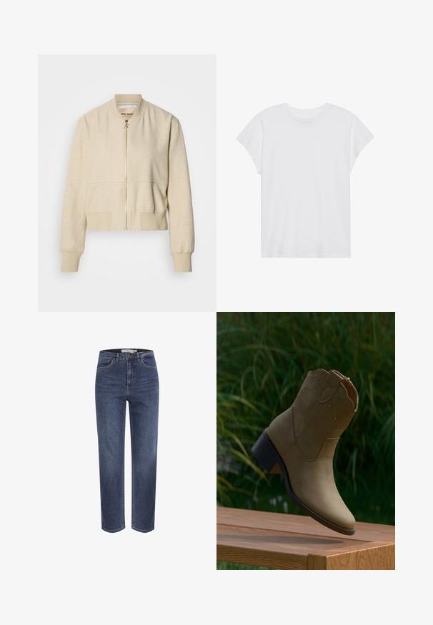 Beige cropped bomberjack gemaakt van lichtgewicht stof, met een ritssluiting aan de voorkant, geribbelde manchetten en een gladde textuur.; Witte t-shirt met korte mouwen, ronde hals, relaxte pasvorm, gemaakt van zacht katoen. Glad textuur, geen patronen of logo's.; Blauwe spijkerbroek met rechte pijpen, voorzakken, riemlussen en knoopsluiting, getoond tegen een witte achtergrond.; Beige suède enkellaars met decoratieve stiksels en een lage blokhak, rustend op de rand van een houten oppervlak buiten.