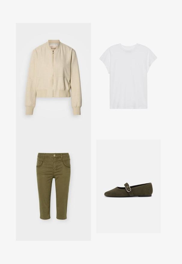 Veste bomber courte beige en tissu léger, avec fermeture éclair frontale, poignets côtelés et texture lisse.; T-shirt blanc à manches courtes, col rond, coupe décontractée, en tissu de coton doux. Texture lisse, sans motifs ni logos.; Pantalon court vert olive avec poches avant, passants pour ceinture, fermeture à boutons et détails cousus sur les poches.; Chaussure plate Mary Jane en daim vert olive avec bride à boucle argentée et bout arrondi, présentée sur fond blanc.