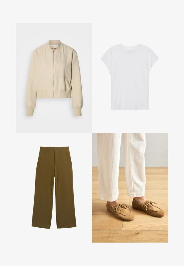 Beige verkürzte Bomberjacke aus leichtem Stoff, mit einem Frontreißverschluss, gerippten Bündchen und einer glatten Textur.; Weißes kurzärmliges T-Shirt mit Rundhalsausschnitt, lockerer Passform, aus weichem Baumwollstoff. Glatte Textur, keine Muster oder Logos.; Weite Hosen aus olivgrünem Stoff mit glatter Textur und ohne sichtbare Verschlüsse. Entworfen für eine lockere Passform mit klaren Linien.; Braune Wildleder-Bootsschuhe mit Schnürsenkeln, abgerundeter Zehenpartie und gesteppten Akzenten. Getragen mit weißen Cordhosen in einer Holzumgebung.