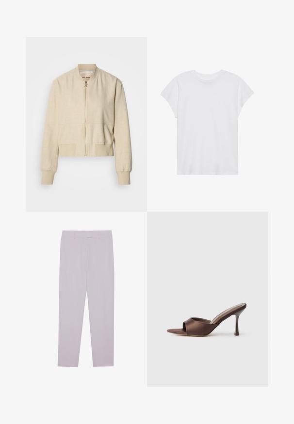 Beige cropped bomberjakke lavet af letvægtsstof, med en frontlynlås, ribstrikkede ærmegab og en glat tekstur.; Hvid kortærmet t-shirt med rund hals, afslappet pasform, lavet af blødt bomuldsstof. Glat tekstur, ingen mønstre eller logoer.; Lyslilla bukser lavet af glat stof, med en skræddersyet pasform, bæltestropper og et lige ben-design.; Brune satin åben tå mule med en mellemhøj slank hæl og slip-on design på en ensfarvet hvid baggrund.