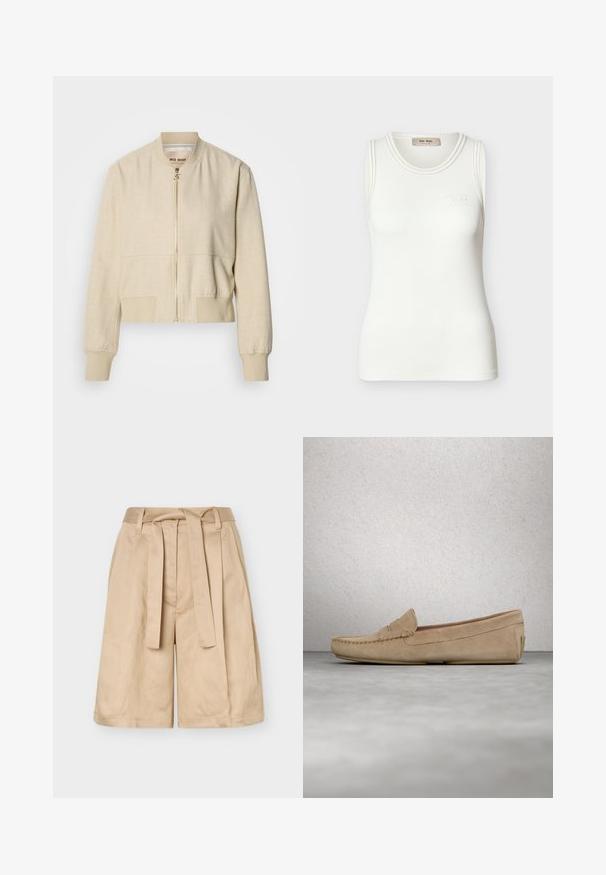 Veste bomber courte beige en tissu léger, avec fermeture éclair frontale, poignets côtelés et texture lisse.; Débardeur blanc à côtes, sans manches, avec un col rond et un logo discret "Mos Mosh" sur la poitrine.; Short beige taille haute avec passants pour ceinture, ceinture en tissu à nouer et jambes larges, présenté sur un fond uni.; Mocassins en suède beige avec un détail de couture à l'orteil et une surface lisse. Talon plat et forme arrondie. Design minimaliste sans embellissements.