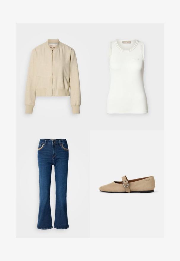 Beige cropped bomberjack gemaakt van lichtgewicht stof, met een ritssluiting aan de voorkant, geribbelde manchetten en een gladde textuur.; Witte geribbelde mouwloze tanktop met ronde halslijn en subtiel "Mos Mosh" logo op de borst.; Donkerblauwe uitlopende jeans met een gladde denimtextuur, contrasterende gouden stiksels en voorzakaccenten. Klassiek vijf-pocketontwerp.; Beige suède Mary Jane balletschoenen met een spitse neus en een enkele verstelbare band met een zilveren gesp. Zwarte platte zool.