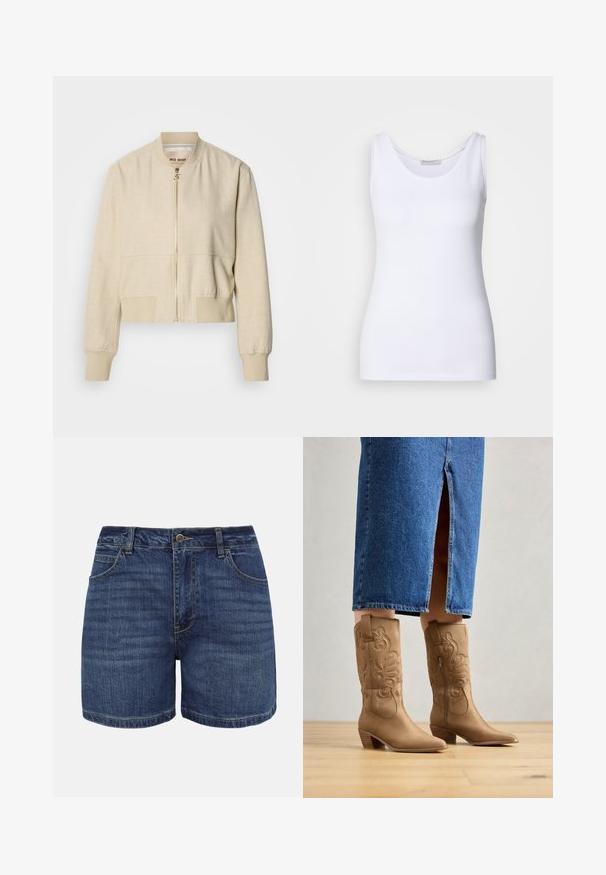 Beige cropped bomberjack gemaakt van lichtgewicht stof, met een ritssluiting aan de voorkant, geribbelde manchetten en een gladde textuur.; Witte top met een gladde, rekbare stof. Beschikt over een ronde halslijn en brede schouderbanden. De zoom zit net onder de taille. Geen patronen of accenten.; Donkerblauwe denimshorts met knoopsluiting aan de voorkant, ritssluiting, riemlussen en voorzakken, afgebeeld tegen een witte achtergrond.; Tan leren westernlaarzen met decoratieve stiksels, een spitse neus en een gestapelde hak. Draag met een spijkerrok tot de knie, waardoor de laarzen zichtbaar zijn.